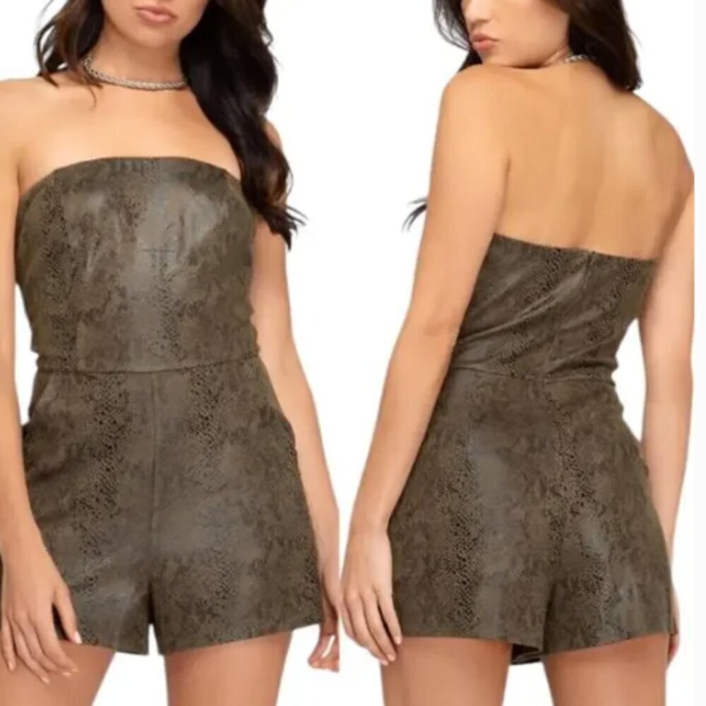 SHE + SKY Strapless Faux Snakeskin Romper Shorts‎ Women’s M Brown #92T